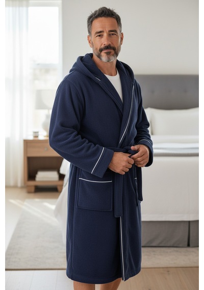 % 100 Pamuklu Laodikeia Kapşonlu Unisex Kadın Erkek Bornoz Lacivert
