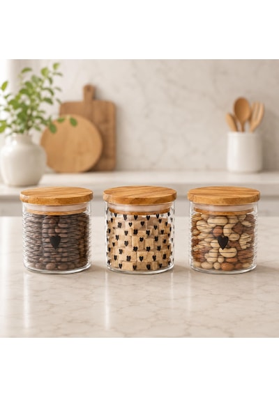 Tr 3'lü Heart Cam Kavanoz Seti 250 Ml, Bambu Kapaklı Kalp Desenli Cam Saklama Kabı, Kahve Şeker Baharat Kuruyemiş Genel