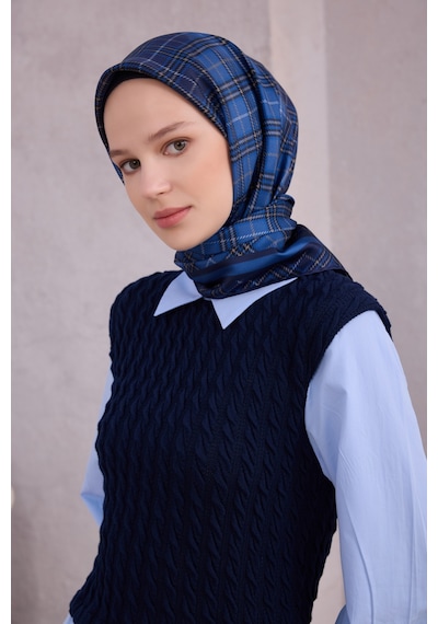 BELLİ Ekose Desen İpek Twill Eşarp 4218d01 Lacivert - 87