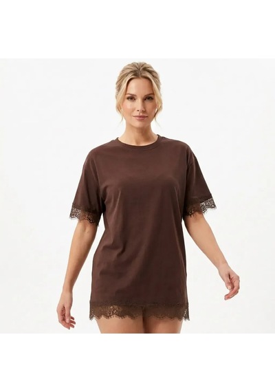 Kadın Bisiklet Yaka Dantel Detay Oversize Penye Bluz 26005 Kahve