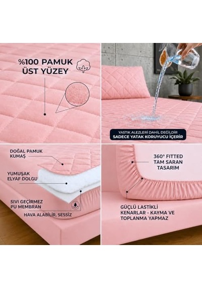 Pudra Kapitone Sıvı Geçirmez Yatak Koruyucu Fitted Alez Çarşaf%100 Pamuk 160x200 Diğer
