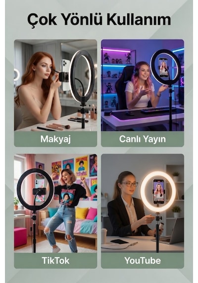 14 İnç Ring Light Led Işıklı Telefon Tutucu Makyaj Çekim Lambası 2.1 Metre Tripod