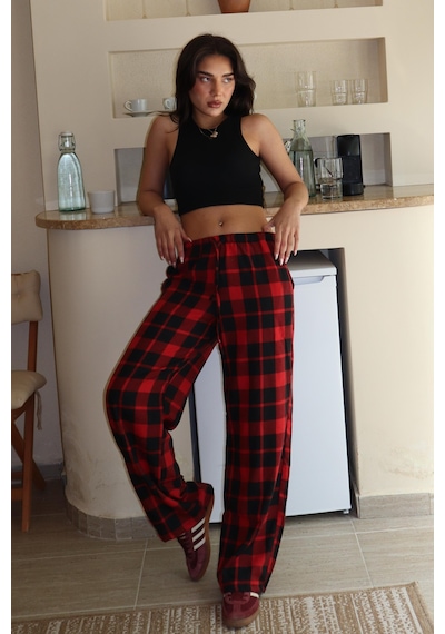 Madmext Bordo Ekoseli Kadın Pantolon Mg2401 Bordo