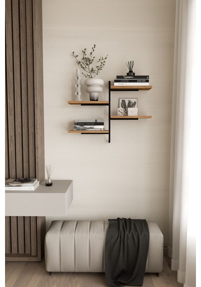 Aju 4 Katlı Duvar Rafı Metal Çerçeveli Dekoratif Kitaplık Ve Raf Ünitesi Modern Ve Minimalist Tasarımm Siyah