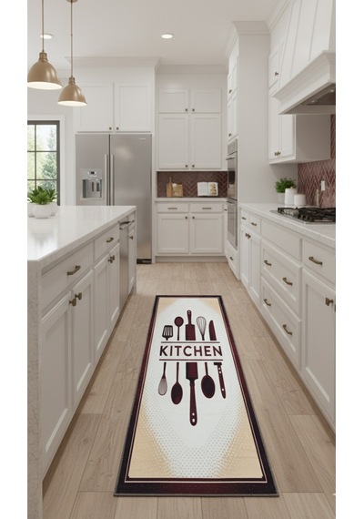 Turkıshrug Kıngdom Bordo Kitchen Yazılı Mutfak Halısı Dijital Baskılı, Kolay Temizlenir Çok Renkli