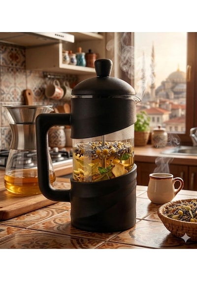350 Ml Cam French Press Isıya Dayanıklı Cam, Paslanmaz Çelik Filtreli, Siyah Renkli Kahve Ve Bitki Çayı Demli Diğer