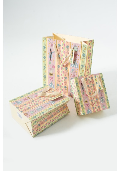 Pastel Parti Temalı Desenli 3 Boy Karton Hediye Çantası Seti 3+