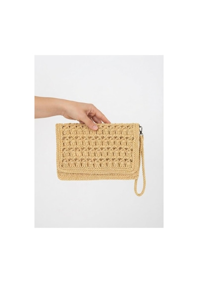 Myzumax El Örmesi Kadın Kağıt İp Portföy Çanta - 2 Bölmeli Mıknatıslı Bilek Askılı Bohem Clutch Sarı