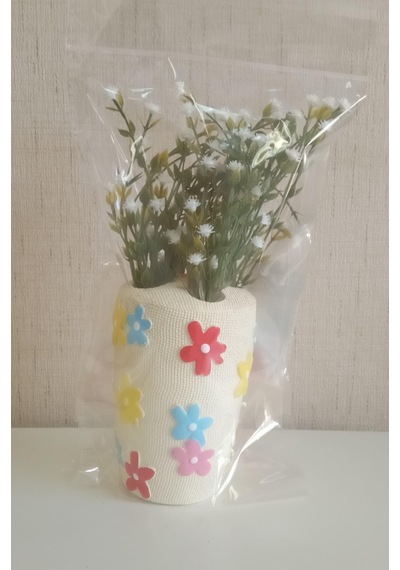 Vazoda Beyaz Yapay Çiçek Dekoratif Renkli Papatyalı Poliresin Vazo Dahil 5 x 5 x 16 CM
