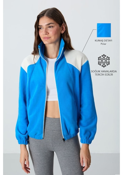 Tommy Life Saks Kalın Yumuşak Dokulu Dik Yaka Oversize Nakışlı Polar Kadın Sweatshirt - 97293 Saks