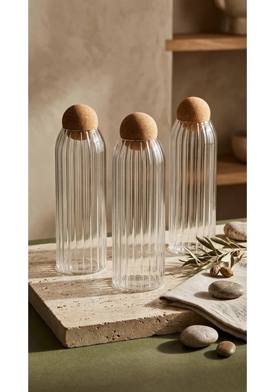 3lü Top Mantar Kapaklı Çizgili Desen Kavanoz 500ml Cam