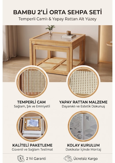 Robin Home Modern Doğal Bambu 2'li Kare Orta Sehpa Seti Temperli Camlı Ve Yapay Rattan Alt Raflı Zigon Bej Robin Home Modern Doğal Bambu 2'li Kare Orta Sehpa Seti Temperli Camlı Ve Yapay Rattan Alt Raflı Zigon Bej