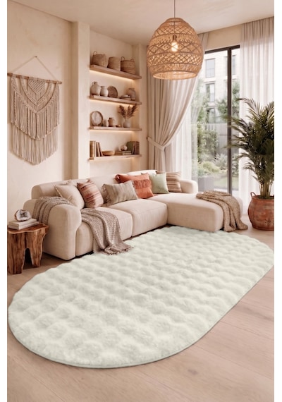 Oval Bubble Ultra Soft Puffy Kaymaz Taban Peluş Tavşan Tüyü Halı Beyaz
