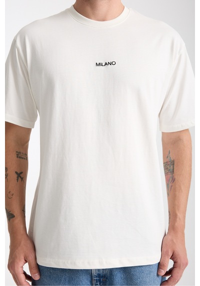 Cool Tarz Erkek Beyaz Milano Nakış Yazılı Oversize Bisiklet Yaka T-shirt Beyaz Beyaz