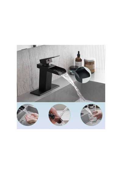 Rena Design Lavabo Bataryasi Mat Siyah Şelale Kare Gövde Eğimli Havza Banyo Armatür Çift Giriş Lüks Ergonamik