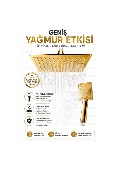Premium Gold 20x20 Cm Kare Yağmur Duş Başlığı Ve El Duşu Seti Paslanmaz Çelik Yüksek Basınçlı Lü Çok Renkli