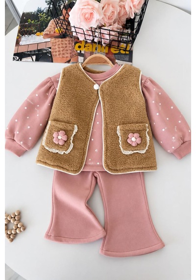 Minigimin Cicileri Çiçek Cep Detaylı Peluş Yelekli Kız Bebek 3 Lü Takım - Pembe