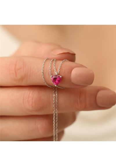 925 Ayar Gümüş Pembe Zirkon Taşlı Kalp Kolye