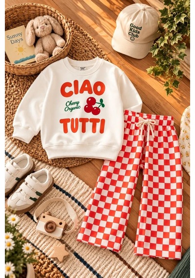 Kiraz Baskılı Ciao Tutti Sweatshirt Ve Ekose Desenli Turuncu Eşofman Kız Çocuk 3ip Alt Üst Takım Kırmızı Kiraz Baskılı Ciao Tutti Sweatshirt Ve Ekose Desenli Turuncu Eşofman Kız Çocuk 3ip Alt Üst Takım Kırmızı