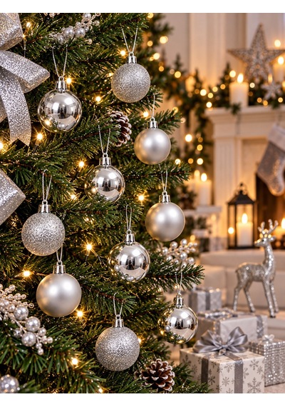 12'li Set 4 Cm Gümüş Yılbaşı Ağacı Süsü Mat, Simli Ve Parlak Karışık Çam Ağacı Topu Noel Süsü Diğer