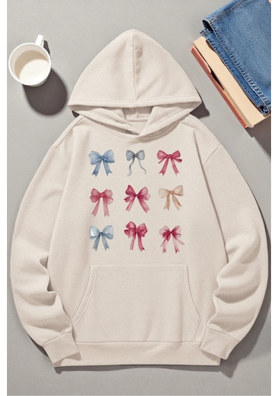Uyguntarz Unisex Renkli Kurdele Baskılı Kapüşonlu Sweatshirt Bej
