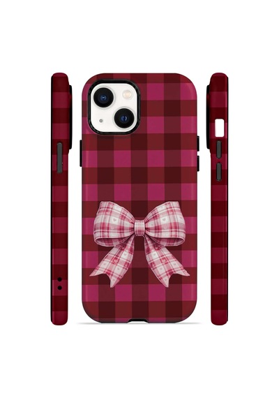 Velvoria Valestra Cherry Gingham Bow Apple iPhone Uyumlu 15 Darbe Korumalı Kılıf Valestra Select - Cherry Gingham Bow