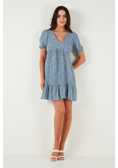 Lela Regular Fit V Yaka Balon Kol Desenli Mini Bayan Elbise 67810045 Indigo
