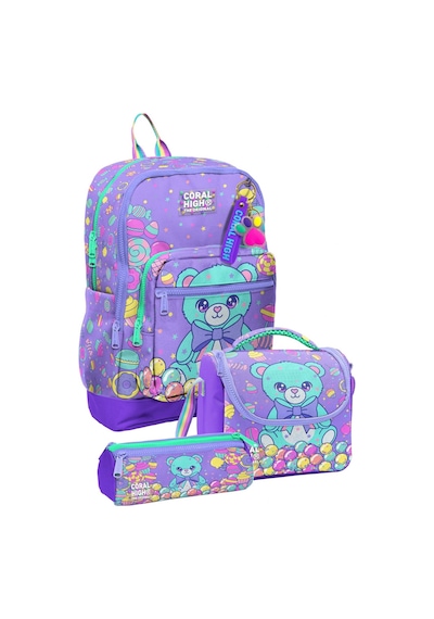 Coral High Kız Çocuk Mor Yeşil Ayıcık Desenli Üçlü İlkokul Okul Çanta Seti Setygn33205a Çok Renkli