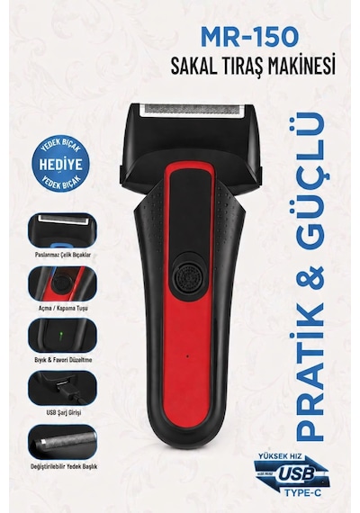 Jasper Mr-150 Kırmızı Şarjlı Yedek Başlıklı Sakal Tıraş Makinesi Erkek Kişisel Bakım Sinekkaydı Tıraş