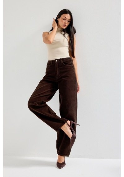 Itsbasic Kadın Koyu Kahverengi 29w5-81 Skater Fit İnce Fitilli Velvet Kadife Kumaş Pantolon