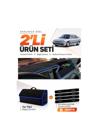 Renault 21 Concorde 1990-1996 Uyumlu Torpido Örtüsü + Tay Tüyü Bagaj Çantası Seti - Siyah Mavi