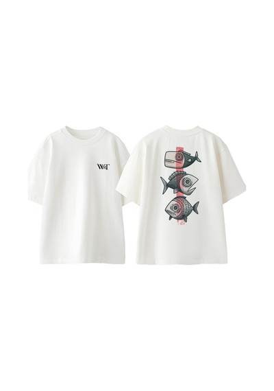 Thewert Three Fish Tasarım Sırt Baskılı Pamuk Beyaz Oversize T-shirt