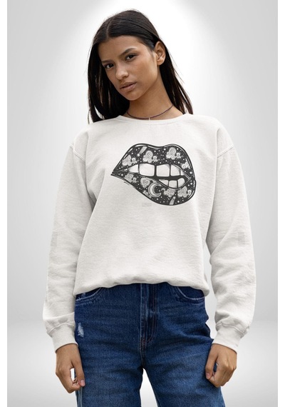 Ay Yıldız Dudak Bulut Dövme Unisex Beyaz Baskılı Sweatshirt Beyaz