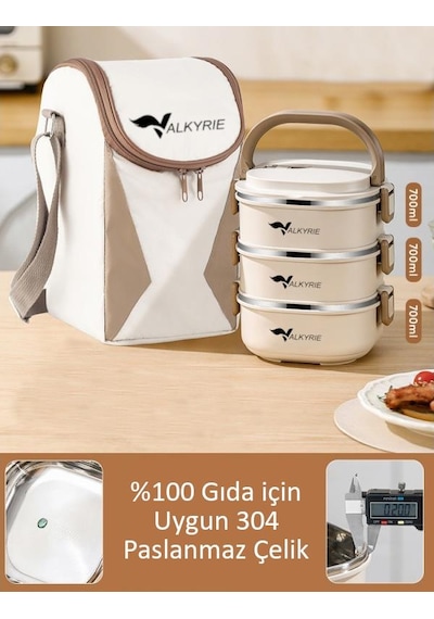 Valkyrie 3 Katlı Yemek Kabı 2100 Ml Termal Çantalı Lunch Box, 304 Paslanmaz Çelik, Bpa İçermez Krem