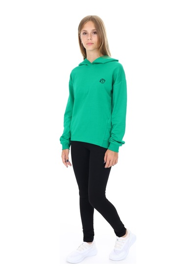 Toontoy Kids Toontoy Kız Çocuk 2'li Takım Baskılı Kapüşonlu Düşük Omuz Sweatshirt & Basic Düz Tayt Çimen Yeşili