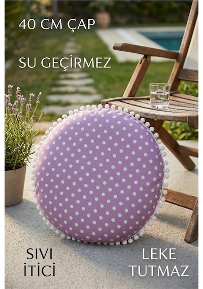 Yuvarlak Minder 40 Cm Çap Dekoratif Puantiyeli Minder Beyaz Ponponlu Leke Tutmaz Su Geçirmez Çok Renkli