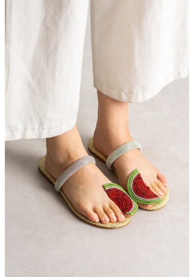Dabab Shoes Melony Kadın Hasır Taban Taşlı Karpuz Detaylı Yazlık Düz Taban Terlik Çok Renkli