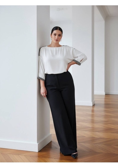 Pera Moda Büyük Beden Yakası Ve Kol Manşeti Taşlı Oversize Uzun Gömlek Beyaz