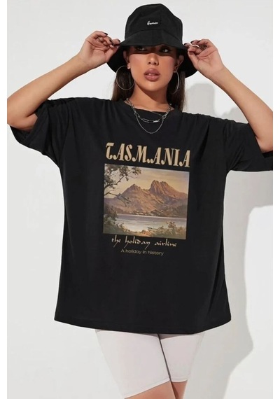 Unisex Tasmania Baskılı Tasarım Tshirt SIYAH