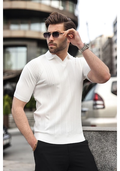Madmext Beyaz Polo Yaka Triko Erkek Tişört E7469 Beyaz