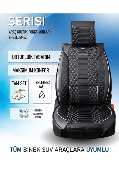 Ackstore Yarı Deri Oto Koltuk Kılıfı Tam 5li Set Mars Siyah-beyaz Renk Fiat Tipo İle Uyumlu