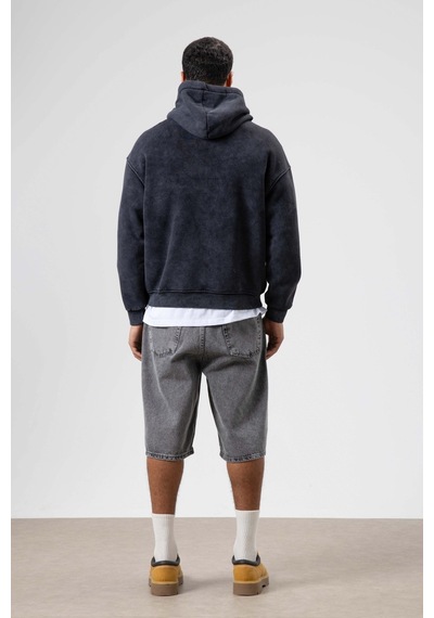 Vamos Oversize Nakış Baskılıkapüşonlu Sweatshirt Siyah