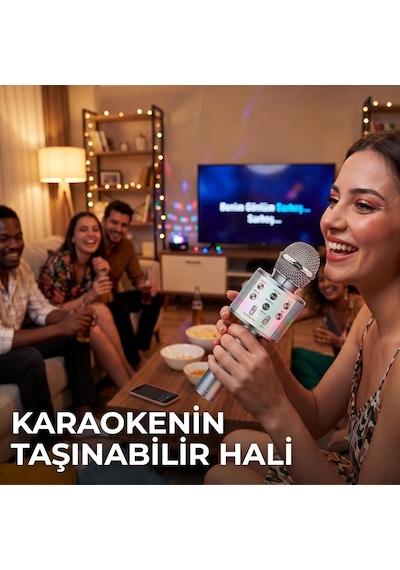 Concord Kablosuz Karaoke Mikrofonu - 6w Güçlü Çift Hoparlörlü, Eko Ve Ses Ayarlı, Bluetooth, Usb, Tf Kart Ve Aux Girişli, Taşınabilir Mini Ses Bombası Eğlence Mikrofonu Gümüş