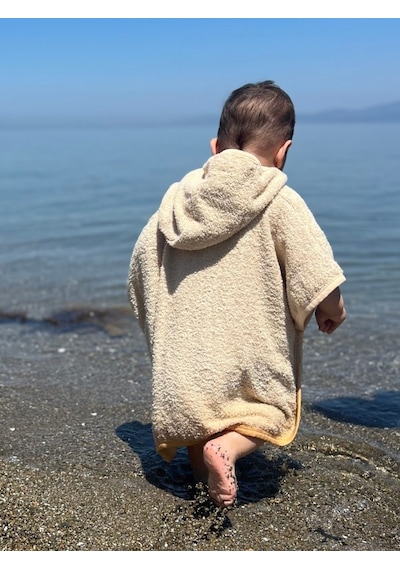 Organik %100 Pamuk Kapşonlu Plaj Çocuk Bebek Panço Bornoz Banyo Havlu Kapüşonlu 0 - 24 Ay
