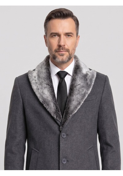 Plus Scorpion Erkek Uzun Kaşe Kaban Çıkartılabilir Kürk Yaka, Astarlı Ve Cepli Slim Fit Mont Antrasit