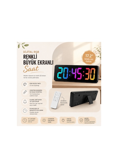 Rgb Büyük Ekranlı Dijital Duvar Saati 17.2 İnç Uzaktan Kumandalı Diji150 Rgb - 888719278 Rgb