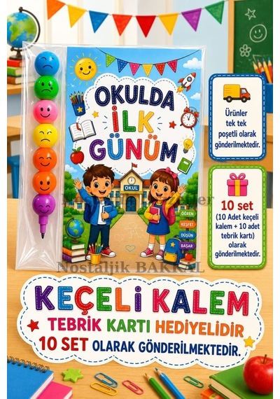 Öğrencilere Özel Okulda İlk Günüm Yazılı 10 Adet Hediye Seti 1. Sınıf- Sene Başı Hatırası Keçeli Kalem Tebrik Kartı Hediyeli