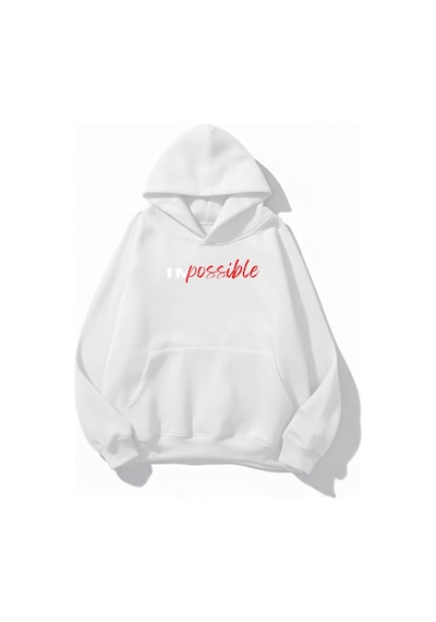 Uyguntarz Unisex Yumuşak Dokulu Impossible Baskılı Tasarım Oversize 3 İplik Hoodie Sweatshirt beyaz