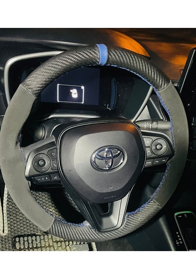 Dikişli Direksiyon Kılıfı Karbon Nubuk Deri Mavi Yüzük Mavi Dikiş Toyota Corolla Yeniler Renkli