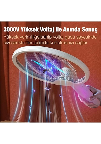 Coofbe Katlanabilir Usb Şarjlı 3 Katmanlı 3000v Voltaj Uv Işıklı Raket Sivrisinek Kovucu Sinek Öldürücü